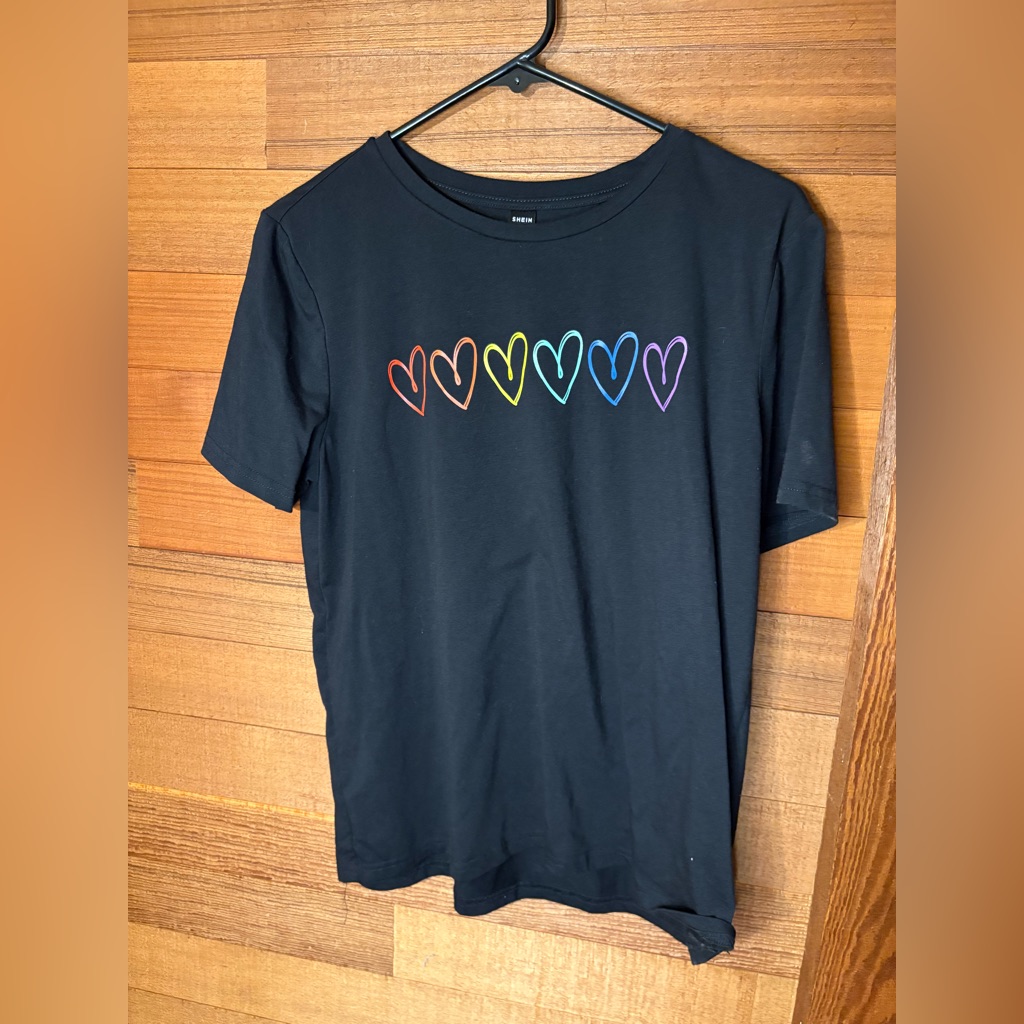 Shein Black Tee With Rainbow Heart Design (Size L / 8-10)